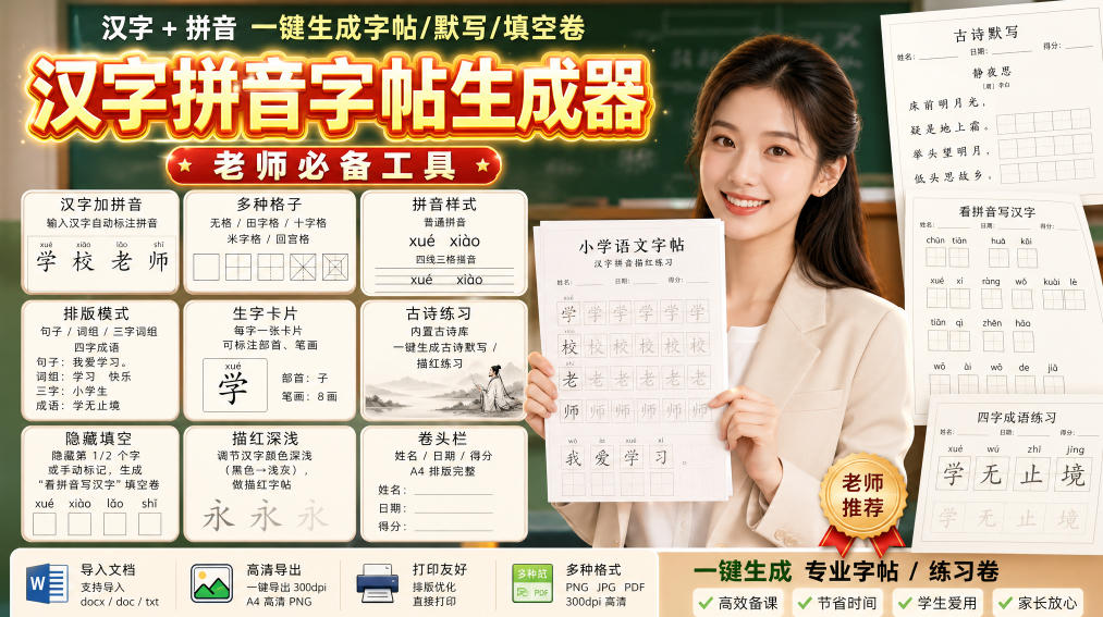 学习神器，汉字拼音字帖生成器，汉字+拼音 一键生成字帖/默写/填空卷，支持词组、成语，老师、家长必备-网创资源站