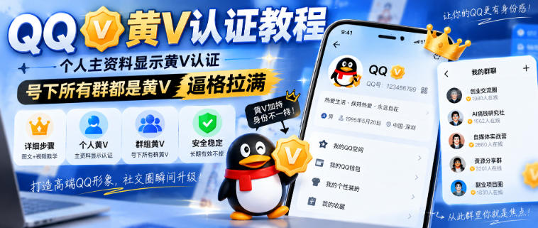 QQ黄V认证教程，个人主资料显示黄V认证，号下所有群都是黄V，逼格拉满-网创资源站
