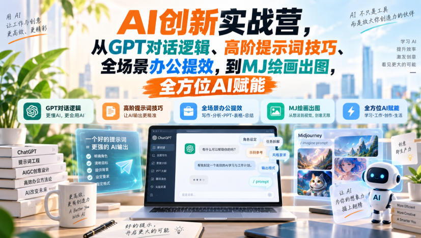 AI创新实战营，从GPT对话逻辑、高阶提示词技巧、全场景办公提效，到MJ绘画出图，全方位AI赋能-网创资源站