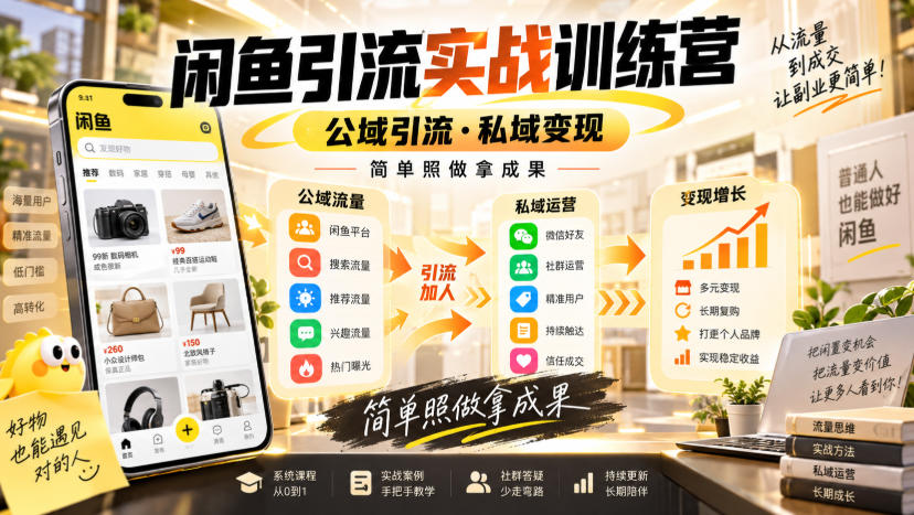 闲鱼引流实战训练营，公域引流·私域变现，简单照做拿成果-网创资源站