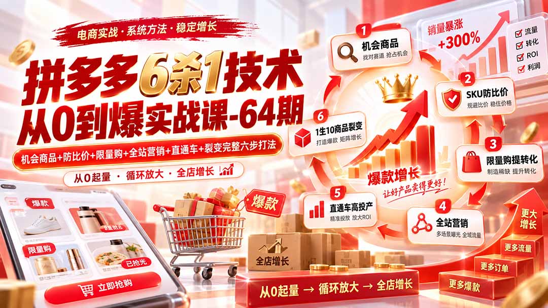 拼多多6杀1技术从0到爆实战课-64期：机会商品+防比价+限量购+全站营销+直通车+裂变完整六步打法-网创资源站