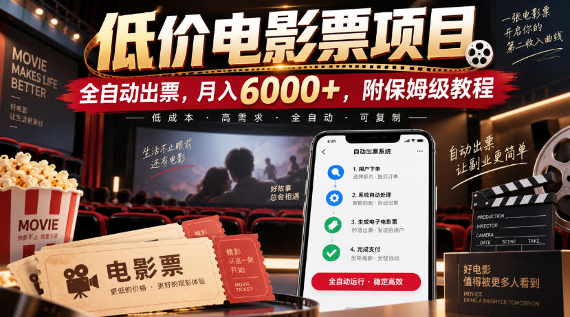低价电影票项目，全自动出票，月入6000+，附保姆级教程【揭秘】-网创资源站