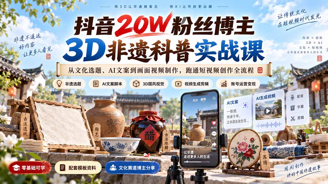 抖音20W粉丝博主3D非遗科普实战课：从文化选题、AI文案到画面视频制作，跑通短视频创作全流程-网创资源站