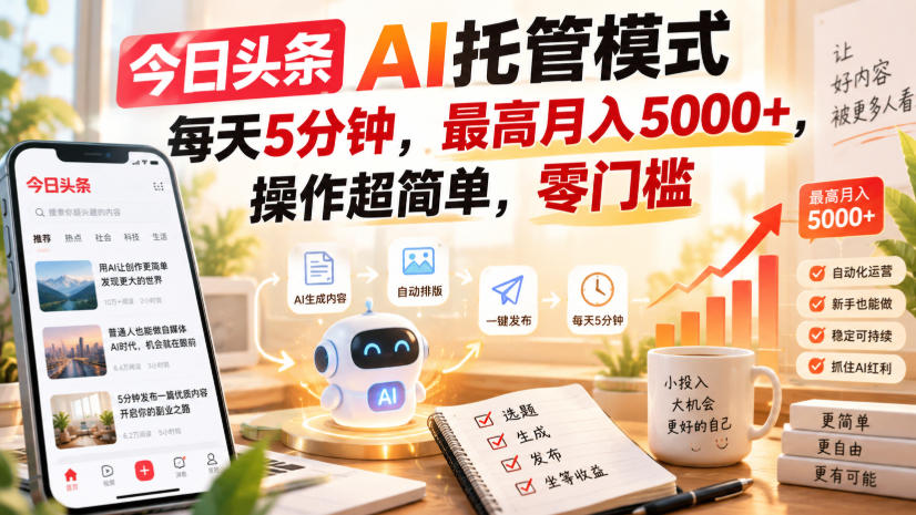 今日头条AI托管模式，每天5分钟，最高月入5000+，操作超简单，零门槛【揭秘】-网创资源站
