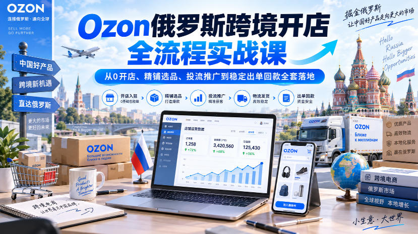 Ozon俄罗斯跨境开店全流程实战课｜从0开店、精铺选品、投流推广到稳定出单回款全套落地-网创资源站