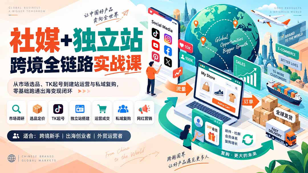 社媒+独立站跨境全链路实战课：从市场选品、TK起号到建站运营与私域复购，零基础跑通出海变现闭环-网创资源站