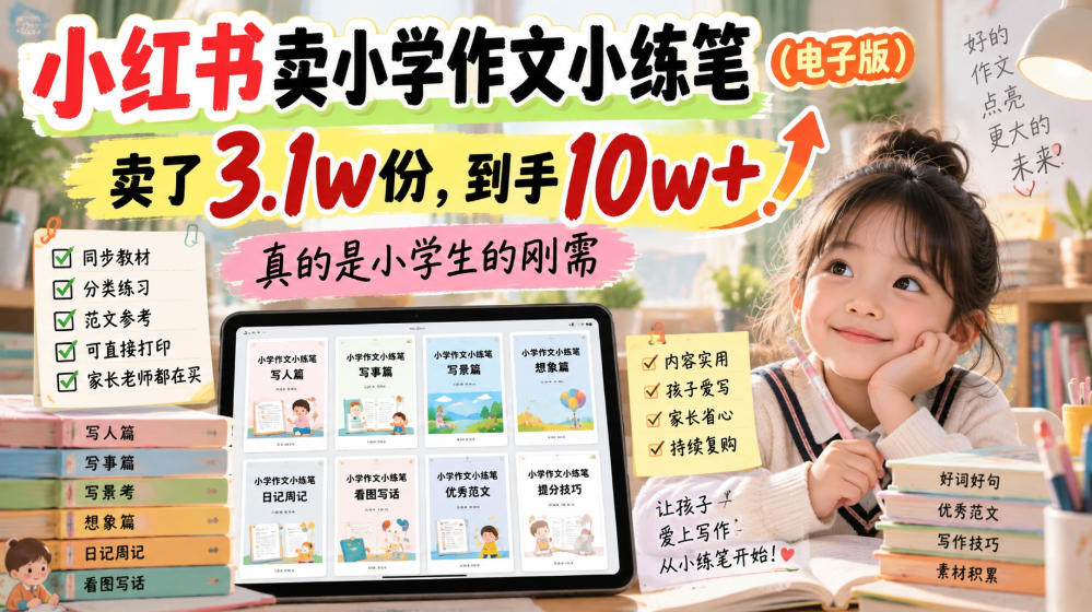 小红书卖小学作文小练笔(电子版)，卖了3.1w份，到手10w+，真的是小学生的刚需-网创资源站