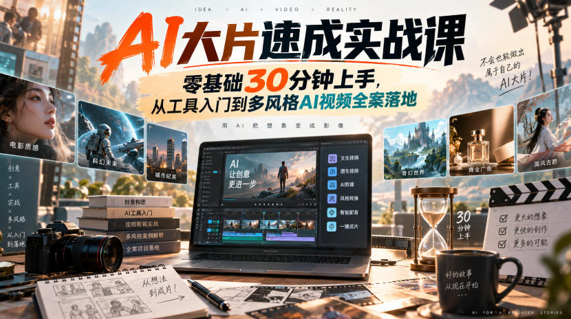 AI大片速成实战课｜零基础30分钟上手，从工具入门到多风格AI视频全案落地​-网创资源站