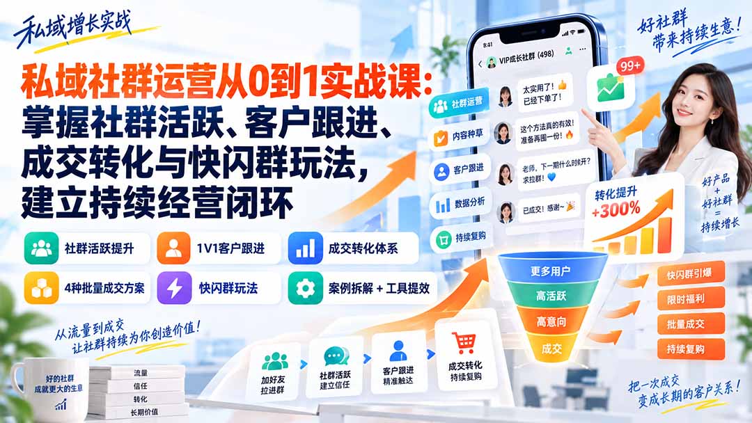 私域社群运营从0到1实战课：掌握社群活跃、客户跟进、成交转化与快闪群玩法，建立持续经营闭环-网创资源站