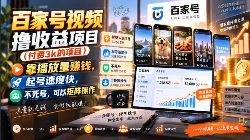 百家号视频撸收益项目(付费3k的项目)，靠播放量賺钱，起号速度快，不死号，可以矩阵操作-网创资源站