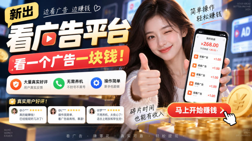 新出看广告平台，看一个广告一块钱，大量真实好评！无需养机、不会黑号，操作简单【揭秘】-网创资源站