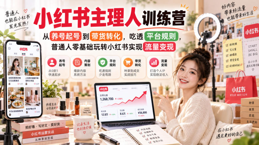 小红书主理人训练营，从养号起号到带货转化，吃透平台规则，普通人零基础玩转小红书实现流量变现-网创资源站