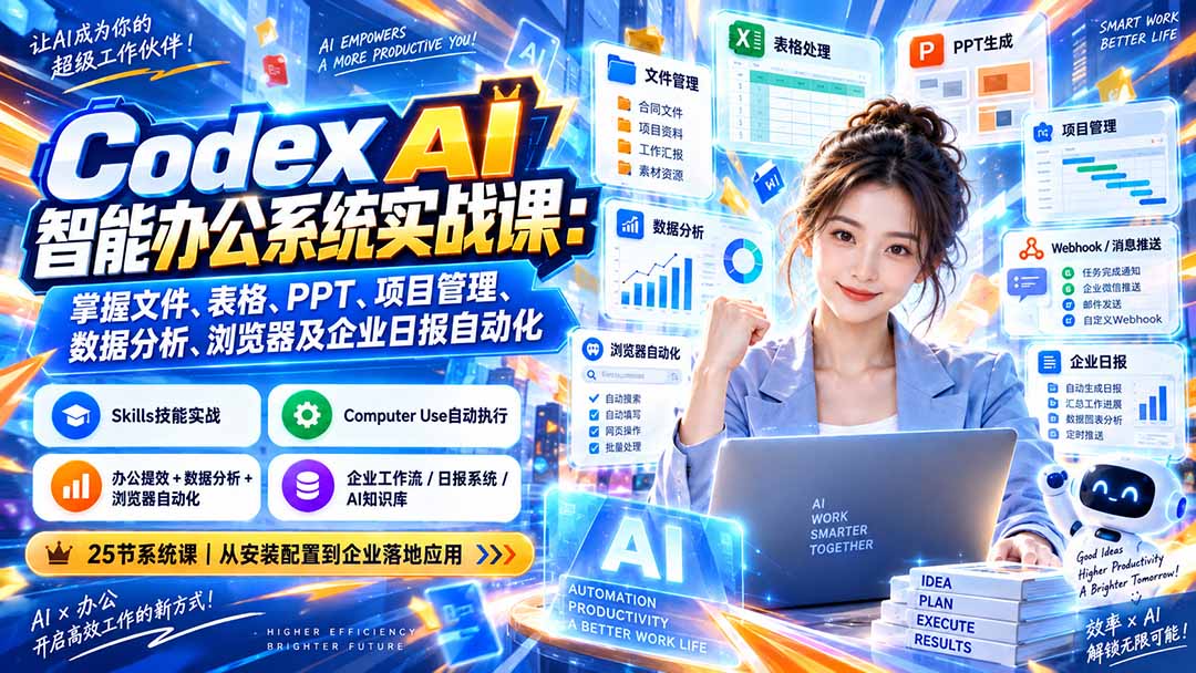 Codex AI智能办公系统实战课：掌握文件、表格、PPT、项目管理、数据分析、浏览器及企业日报自动化-网创资源站