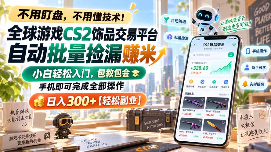 全球游戏CS2饰品交易平台自动批量捡漏赚米，小白轻松入门，包教包会，手机即可完成全部操作，日入300+【轻松副业】-网创资源站