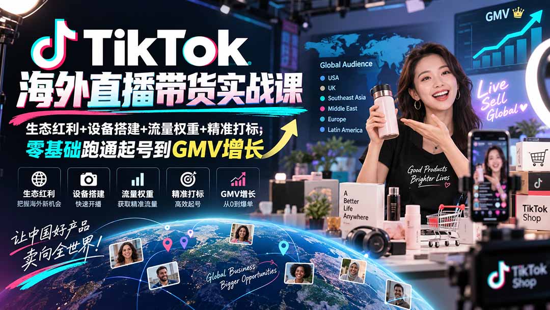 TikTok海外直播带货实战课｜生态红利+设备搭建+流量权重+精准打标，零基础跑通起号到GMV增长-网创资源站