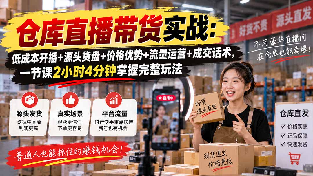 仓库直播带货实战：低成本开播+源头货盘+价格优势+流量运营+成交话术，一节课2小时4分钟掌握完整玩法-网创资源站