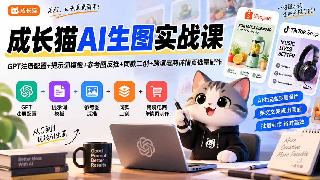 成长猫AI生图实战课｜GPT注册配置+提示词模板+参考图反推+同款二创+跨境电商详情页批量制作-网创资源站