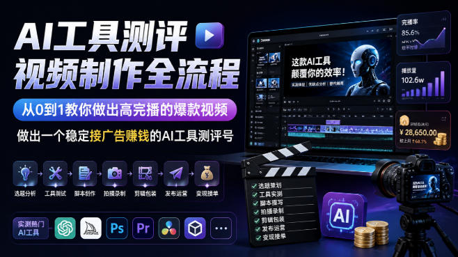AI工具测评视频制作全流程，从0到1教你做出高完播的爆款视频，做出一个稳定接广告賺钱的AI工具测评号-网创资源站