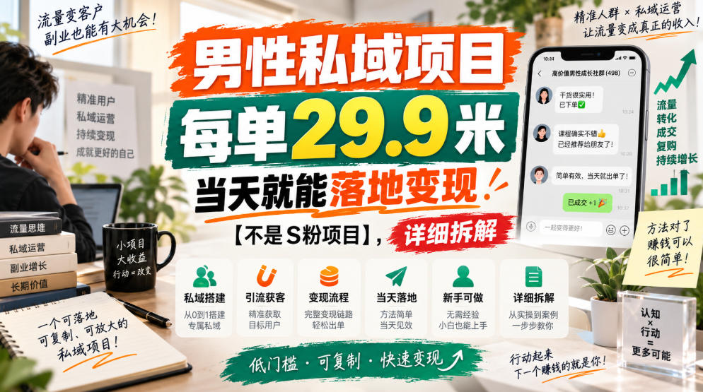 男性私域项目，每单29.9米，当天就能落地变现【不是S粉项目】，详细拆解-网创资源站