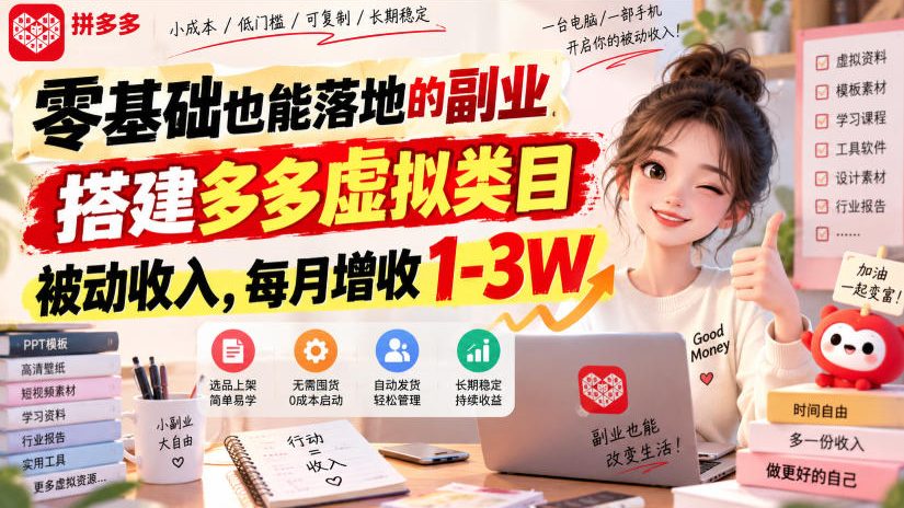 零基础也能落地的副业，搭建多多虚拟类目被动收入，每月增收1-3W【揭秘】-网创资源站