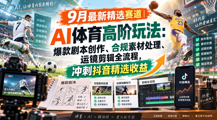 某大佬的9月最新精选赛道之AI体育顶级玩法，爆款剧本创作、版权规避、运镜剪辑全流程，稳拿抖音精选收益-网创资源站