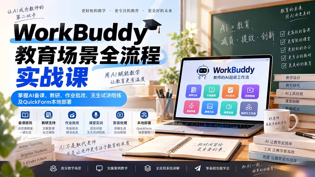 WorkBuddy教育场景全流程实战课：掌握AI备课、教研、作业批改、无生试讲陪练及QuickForm本地部署-网创资源站