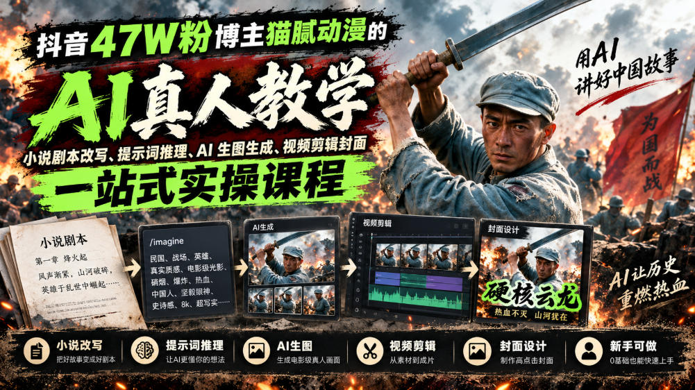 抖音47W粉博主猫腻动漫的AI真人漫剧教学，小说剧本改写、提示词推理、AI生图生成、视频剪辑封面一站式实操课程-网创资源站