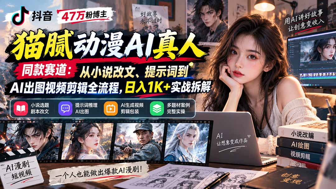 抖音47万粉博主猫腻动漫AI真人同款赛道：从小说改文、提示词到AI出图视频剪辑全流程，日入1K+实战拆解-网创资源站
