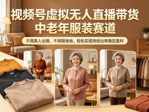 视频号虚拟无人直播带货中老年服装赛道，不用真人出镜、不用租场地，轻松实现持续出单稳定盈利-网创资源站
