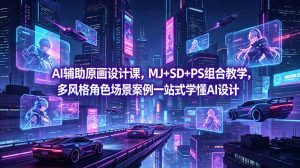 AI辅助原画设计课，MJ+SD+PS组合教学，多风格角色场景案例一站式学懂AI设计-网创资源站