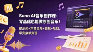 Suno AI音乐创作课:零基础也能做原创音乐!提示词+声音克隆+翻唱+后期,学完接单变现-网创资源站