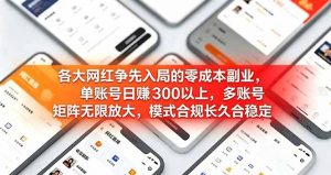 各大网红争先入局的零成本副业，单账号日赚 300 以上，多号矩阵可放大，模式合规长久稳定！-网创资源站