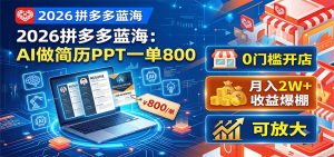 2026拼多多蓝海:AI做简历PPT一单800,0门槛开店,月入2W+,可放大-网创资源站