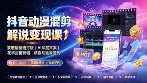 抖音动漫混剪解说变现课:双增量精选打法|AI深度文案|花字封面剪辑| 精选与独家签约日入1000+-网创资源站