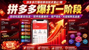 拼多多打爆班原创技术第61期，拼多多爆打一阶段，自动化起量全玩法・软件批量操作・投产优化・大促矩阵实战课-网创资源站