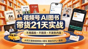视频号AI图书带货21天实战：不用露脸×不囤货×不发愁内容，AI写文案做视频挂小黄车，佣金50%+爆单-网创资源站