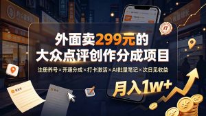 外面卖299元的大众点评创作分成项目:注册养号×开通分成×打卡激活×AI批量笔记×次日见收益,月入1w+-网创资源站