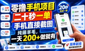 零撸手机项目，二十秒一单，手机直接截图，纯薅羊毛，一天200+做就有【揭秘】-网创资源站