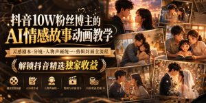 抖音10W粉丝博主的AI情感故事动画教学，灵感剧本‑分镜‑人物声画统一‑剪辑封面全流程，解锁抖音精选独家收益-网创资源站