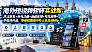 海外短视频矩阵实战课:环境配置+账号注册+原创生图+视频发布+中视频开通,零基础跑通海外流量变现闭环-网创资源站