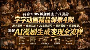 抖音110W粉丝博主十八漫的字字动画精品课第4期:剧本创作+分镜生成+剪辑+商业接单,掌握AI漫剧生成变现全流程(更新0916)-网创资源站